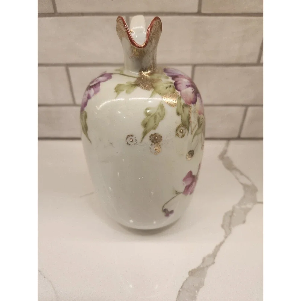 Vintage Hand Painted‎ Ceramic Pink Purple Floral Jug Ewer Gold Details Japan